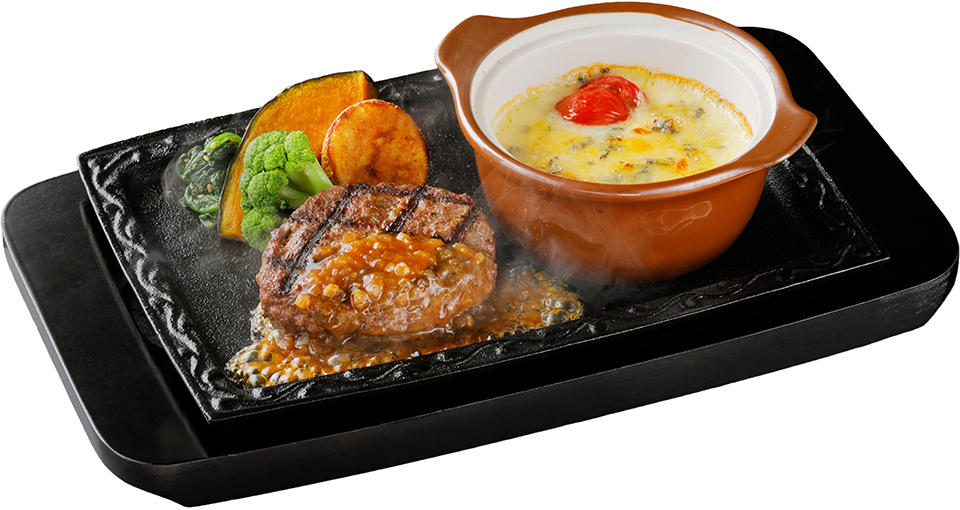 写真：ハンバーグと焼きチーズフォンデュ（ソースなし）